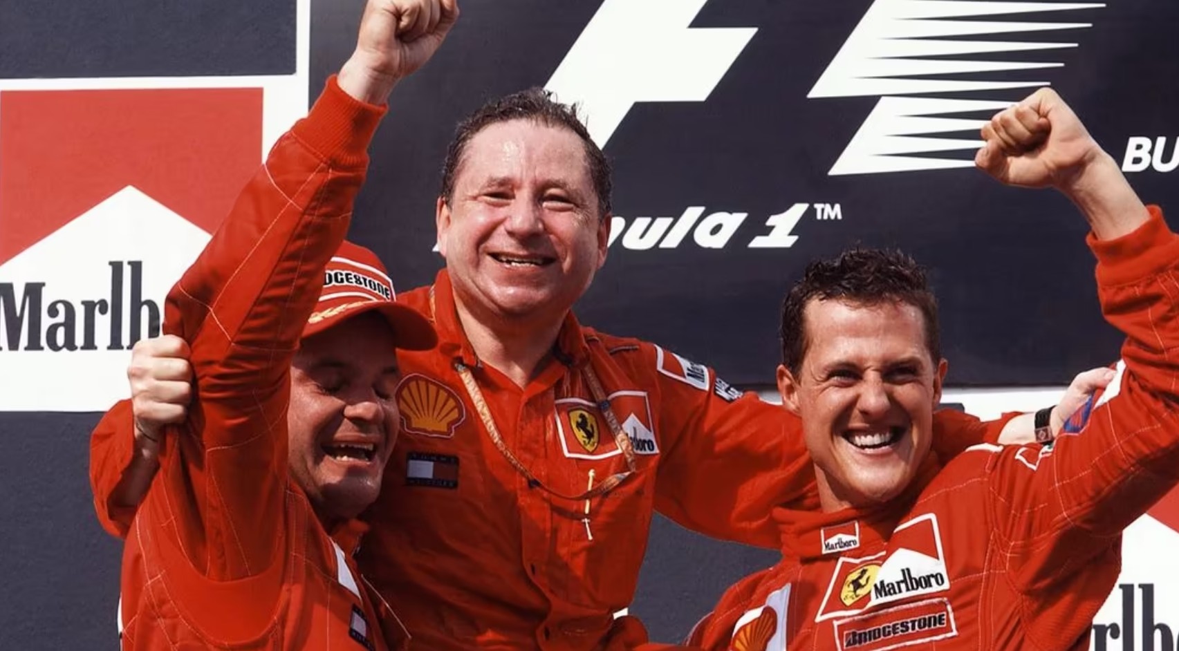 Michael Schumacher, Rubens Barrichello et Jean Todt, GP de Hongrie 2001 (Crédit Ferrari)